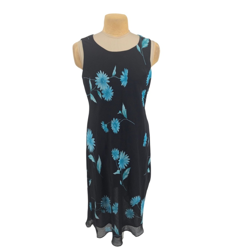 Studio I Sheath Dress Women 16 Black Blue Floral Sleeveless Midi Chiffon